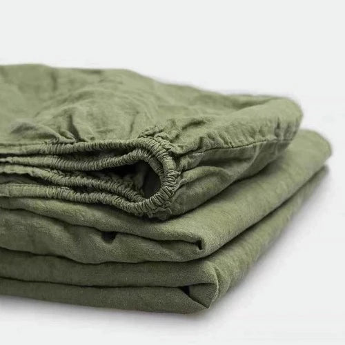 Olive green linen bedding | Upgrade your bedding with our high-quality linen fitted sheet and experience the ultimate in comfort and luxury. Order now and create a cozy and inviting space that you'll love to come home to.
