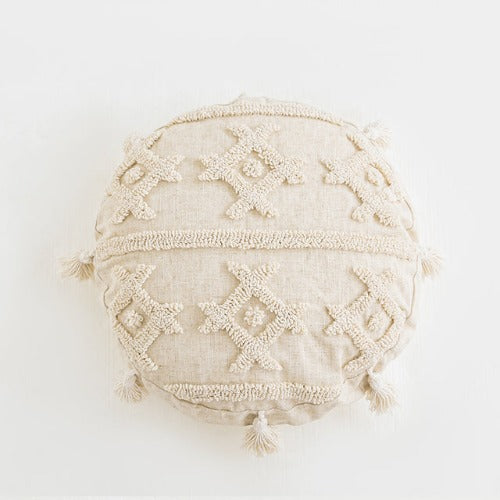 Round linen tufted cushion cover | The tufted design of the pillow adds depth and texture to your space, while the tassels provide a playful and whimsical touch. Whether you use it to add a pop of color to your couch or to create a cozy corner in your bedroom, this tufted throw pillow is a must-have for any stylish and comfortable living space.