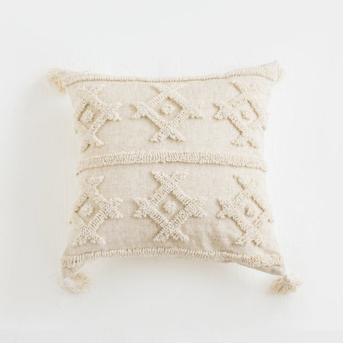 Square linen pillow cover with tassels | Add a touch of boho chic to your living space with our beautiful tufted throw pillow in natural cotton with tassels. This stunning pillow is crafted from high-quality, 100% natural cotton, providing a soft and comfortable feel that will enhance your home decor.