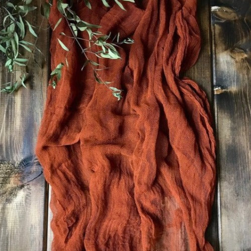 Rustic wedding table runner | Available in a variety of sizes and colors, our hand-dyed cotton gauze table runners are perfect for any occasion, whether it's a formal dinner party or a casual gathering with family and friends. They are versatile and can be paired with different table settings, decor styles, and themes.